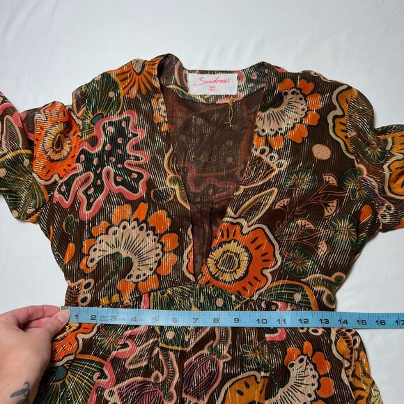 NWOT Sundress REVOLVE Maud Brown Mini Dress Retro Floral Flare Sleeve XS Tall - Picture 9 of 15